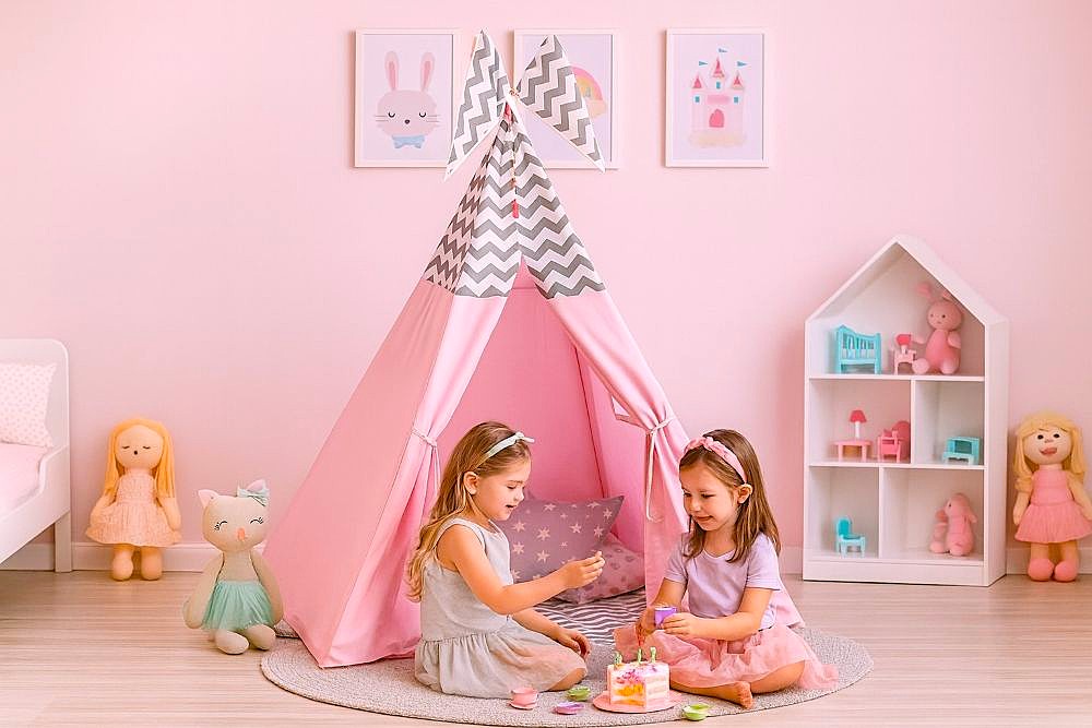 two girls playing in their pink tent house