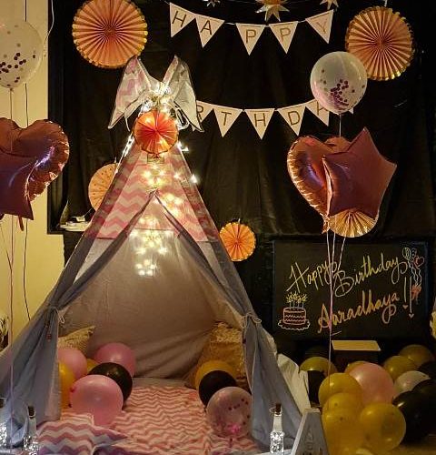 A teepee tent set up for Kids sleepover party